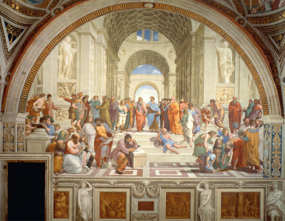 “Escola de Atenas” (1509) de Rafael é considerada uma das pinturas que mais reflete o espírito renascentista por sua harmonia geométrica.