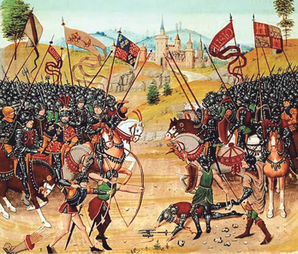 Ilustração representando a batalha de Azincourt em 1415 (Dia de São Crispim), no norte da França durante a Guerra dos Cem Anos.