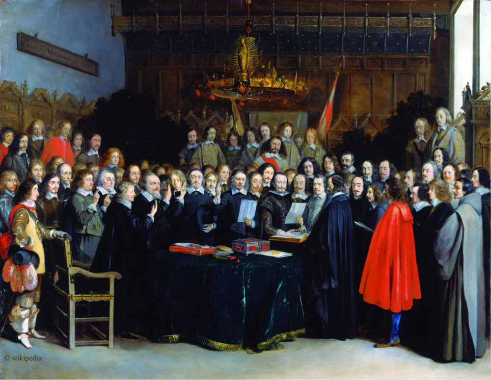 Ratificação do Tratado de Münster (1648), que inaugurou o moderno sistema internacional pautado no princípio da soberania estatal.
