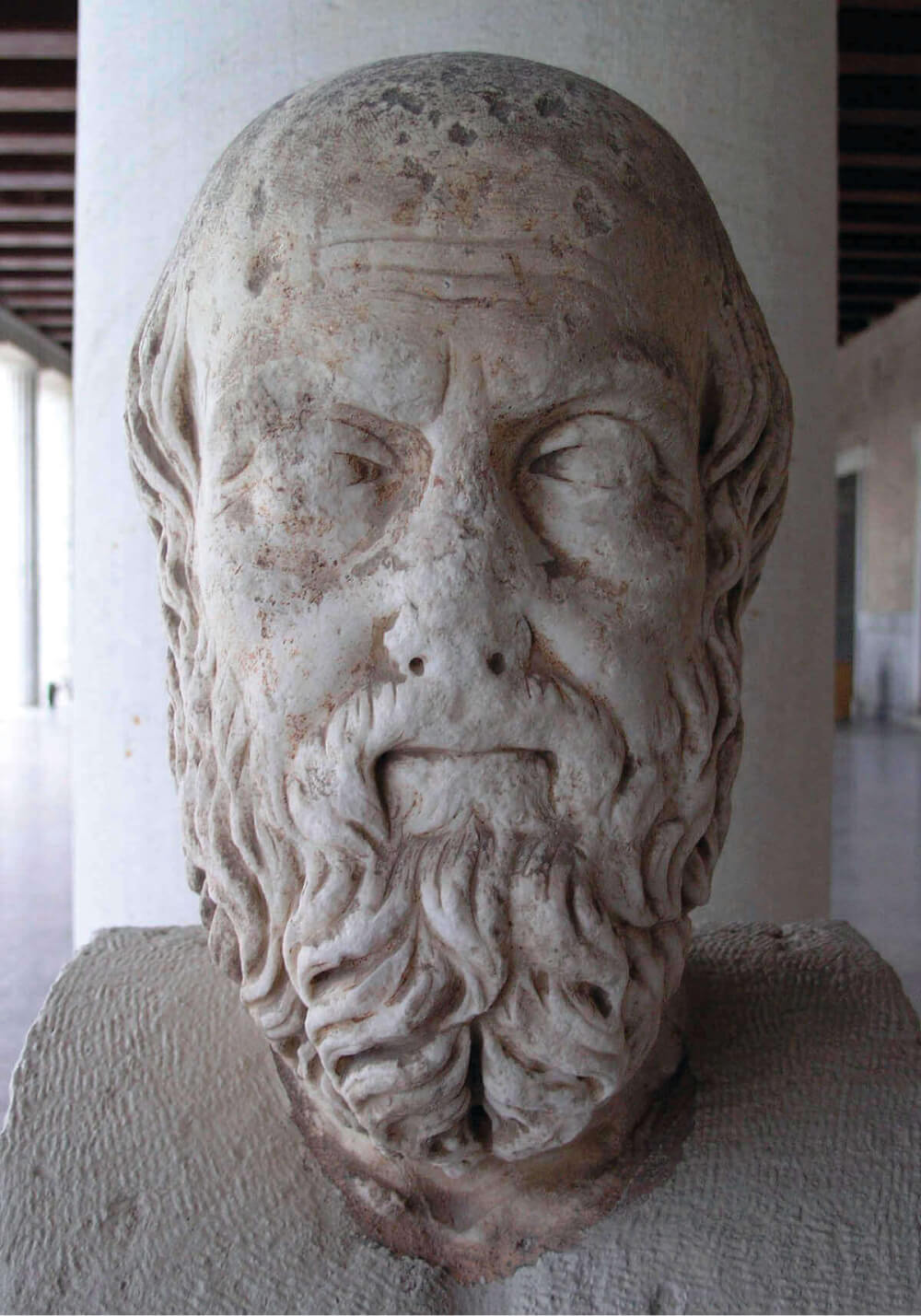 Fotografia de escultura em mármore cinza claro. Busto de homem de meia idade, calvo na parte superior frontal da cabeça e barba cacheada longa. Boca, nariz e olhos desgastados.