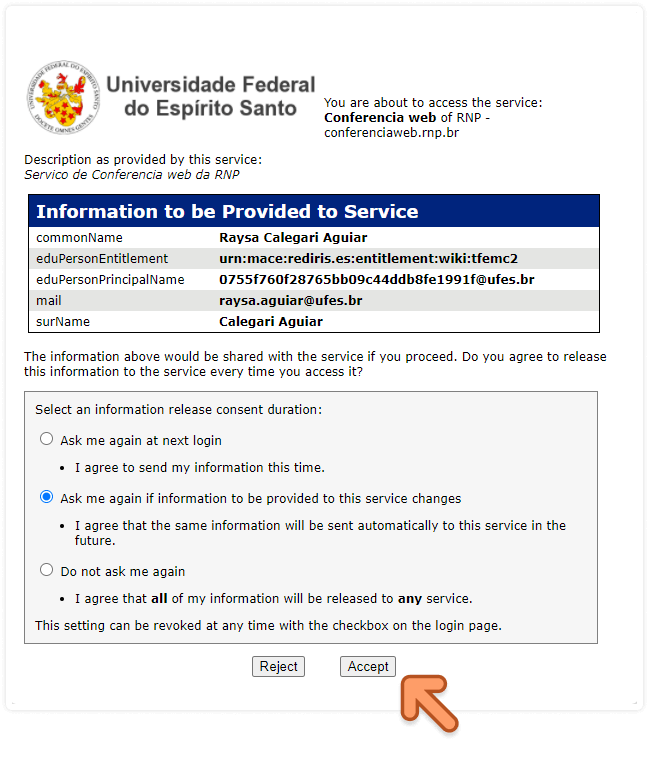 Opção 'Ask me again if information to be provided to this service changes' selecionada e indicação do botão 'Accept' na interface