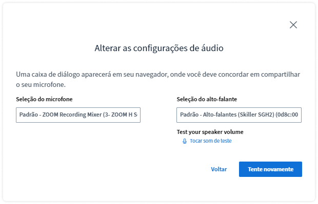 Interface do modal de alteração das configurações de áudio